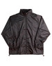 A black kids' spray jacket featuring a zip front, elastic cuffs, and a drawcord hem, with a logo.