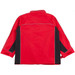 A red and black men's jacket featuring a collar and contrasting panels, with a logo on it.