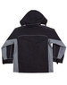 A black and grey men's jacket with a hood, featuring contrasting panels and a branded logo.