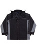 A black and grey men's 3-in-1 jacket featuring a detachable inner layer and a logo.