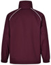 A burgundy track top jacket featuring a high collar and white accent stitching, with a branding logo.