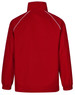 A red track jacket featuring a high collar and white detailing along the seams. It has a branding logo.