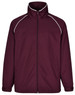 A maroon track jacket featuring white piping and a high collar, with a zip front and relaxed fit.