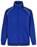 A blue track jacket featuring white piping and a high collar. The jacket has a logo on the front.