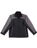 A reversible jacket in black and grey with contrasting design elements and a logo on the left side.