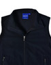 A black, softshell vest featuring a zippered front and a collar. It has a branding label inside.