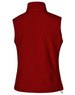 A red ladies' softshell vest featuring a high collar and a fitted design, with a logo on the back.