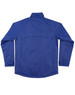 A blue men's jacket featuring long sleeves and a high collar, with a logo on the back.