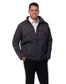 A men's black chalet jacket with a zip front, featuring a hood and pockets, worn by a model.