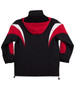 A tri-colour jacket featuring a red and black design with a hood and white accents. It has a logo on the back.