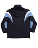 A tri-colour jacket with a hood, featuring navy blue and light blue accents. The jacket has a logo.