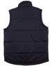 A dark navy padded vest with a collar and quilted design, featuring a visible logo on the backside.