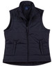 A black nylon rip-stop padded vest with a zipper and two front pockets. It features a collar and has a logo.