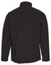 A black softshell jacket featuring a high collar and a logo on the sleeve. The back view displays a sleek design.