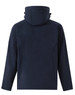 A navy blue men's softshell full zip hoodie with a hood and adjustable drawstrings, featuring a simple design and a logo.