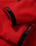Red men's softshell full zip hoodie featuring black cuff details and a logo on the fabric.