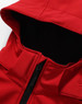 A red men's softshell full zip hoodie featuring a hood and a black interior lining. It has a zippered front.