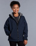 A navy softshell full zip hoodie with a grey interior, featuring a hood and zippered front, worn by a smiling child.