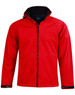 A red kids' softshell full zip hoodie, featuring a high collar and black trim, with a logo on the front.
