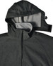 A dark grey ladies' softshell full zip hoodie with a removable hood and an inner lining. Features a logo.