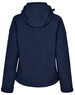 A navy blue ladies' softshell full zip hoodie with a hood and a branded logo on the back.