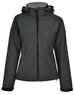A dark grey ladies' softshell full zip hoodie with a hood, featuring a logo and a fitted design.