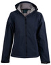 A navy women's softshell full zip hoodie with a hood and a fleece lining, featuring a logo on the chest.