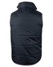 A men's versatile vest in dark grey, featuring a quilted design and a high collar, with a logo on the back.