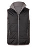 A black and grey insulated vest featuring a zip front and two side pockets, with a logo on the front.