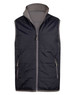 A black and grey men's vest with a zip front and two side pockets, featuring a high collar and a logo.