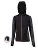 A black and grey ladies' heather sleeve quilted body jacket with a hood and zippered pockets, featuring a logo.