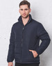 A navy heavy quilted puffer jacket with a zippered front and high collar, modelled by a man against a white wall.