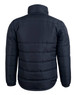 A heavy quilted puffer jacket in navy blue, featuring a high collar and a smooth finish. It has a logo on the back.
