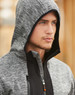 A grey work hoodie featuring a hood and a zippered front, displayed on a model with a neutral background.