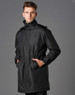 A black long line stadium jacket featuring a zip front, adjustable drawstring waist, and two side pockets.
