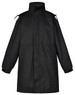 A long black stadium jacket with a high collar and adjustable features, featuring a logo on the design.