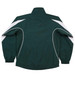 A dark green track jacket with white accents and elastic cuffs, featuring a logo on the back.