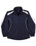 A track jacket in navy with white accents, featuring a zip closure and elastic cuffs. It has a logo displayed.