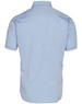 A light blue men's short sleeve chambray shirt with a casual button-up design and a back view. Features a logo.