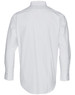A white long-sleeved button-up shirt with a collar and cuffed sleeves, featuring a logo.