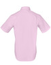 A short-sleeved, button-up shirt in light pink, featuring a smooth back design and a logo.