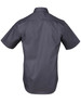 A short-sleeved men's button-up shirt in dark grey with a smooth finish and a logo on the back.