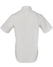 A short-sleeved button-up shirt in light grey with a striped design and a brand logo.