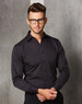 A men's long sleeve button-up shirt with a black and dark striped pattern. It features a collar and a logo.