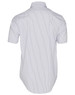 A men's short-sleeve button-up shirt in white with navy ticking stripes, featuring a standard collar and a logo.