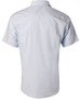 A short-sleeve, button-up shirt with fine stripes, in a light blue colour, featuring a logo on the back.
