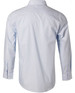 A light blue long sleeve button-up shirt with fine stripes and a back view, featuring a logo on the label.