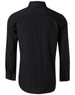 A black long sleeve shirt with white pin stripes and a back view, featuring a logo on the collar.