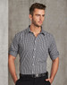 A men's black and white gingham check roll-up long sleeve shirt with a fitted design and a logo.