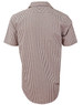 A short-sleeve men's button-up shirt featuring a brown and white gingham check pattern and a logo on the label.